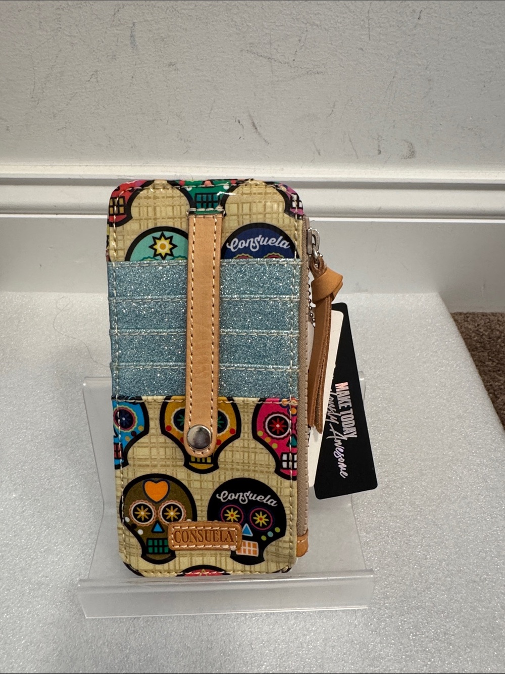 Consuela sugar skull glitter card holder organizer wallet NWT